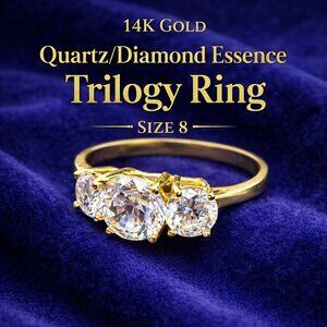 14K Gold Three Stone Ring White quartz/ Diamond Essence Size 8